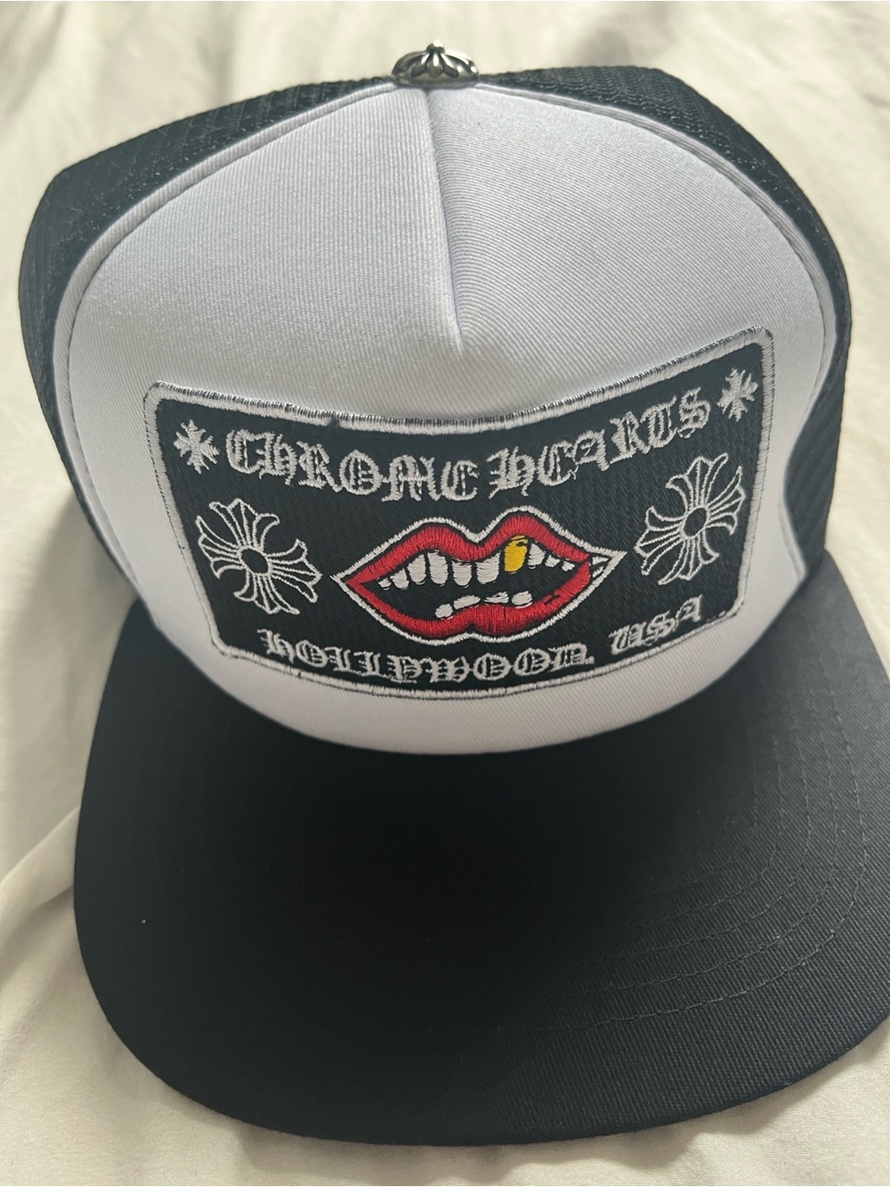 Chrome Hearts Black & White Trucker Hat with Red Lip Patch
